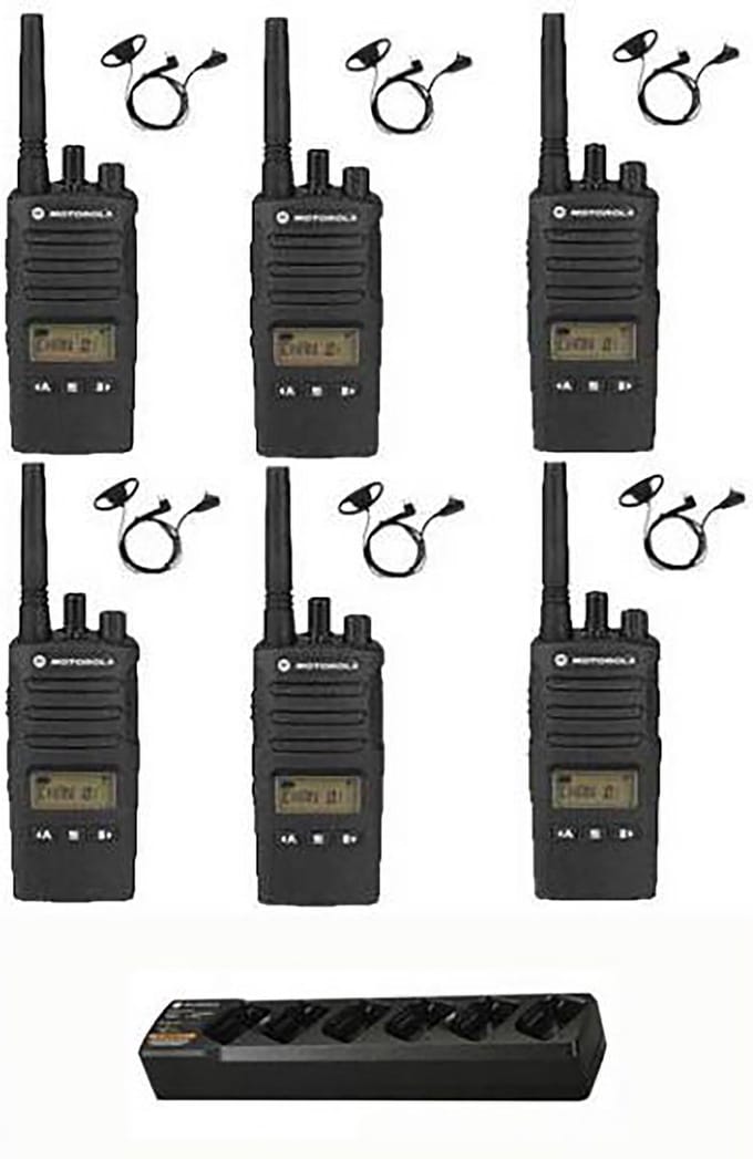 Set van 6 Motorola XT460 IP55 PMR446 met D-shape oortje M1 2-Pins en multilader