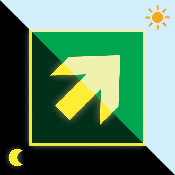 Extra lichtgevende nooduitgang sticker richtingspijl schuin 200 x 200 mm