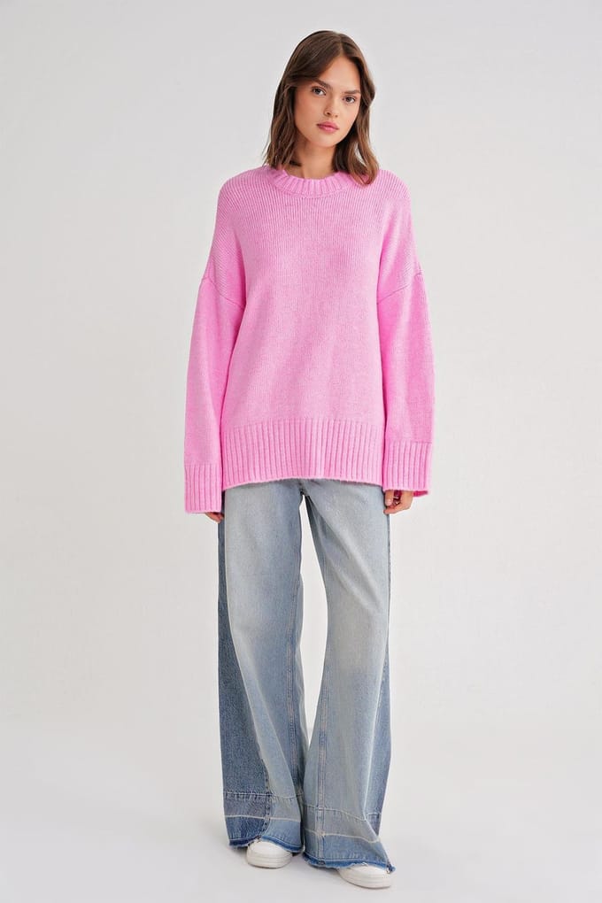 Oversized Geribde Gebreide Trui met Ronde Hals