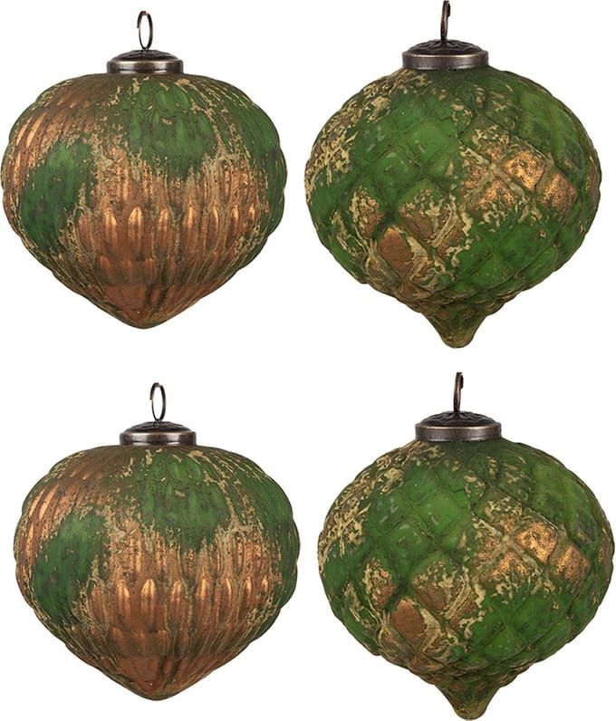 Clayre & Eef Kerstbal Set van 4 Overig Ø 13x13 cm Bruin Groen Glas Kerstballen