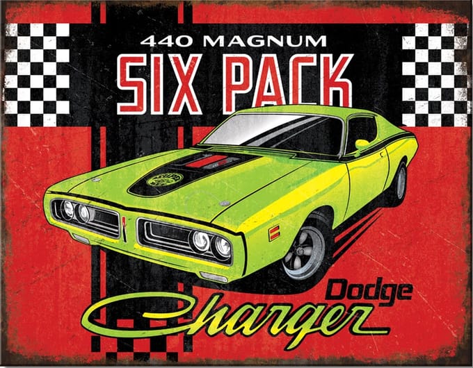 Dodge Charger Six Pack. Metalen wandbord 31,5 x 40,5 cm.