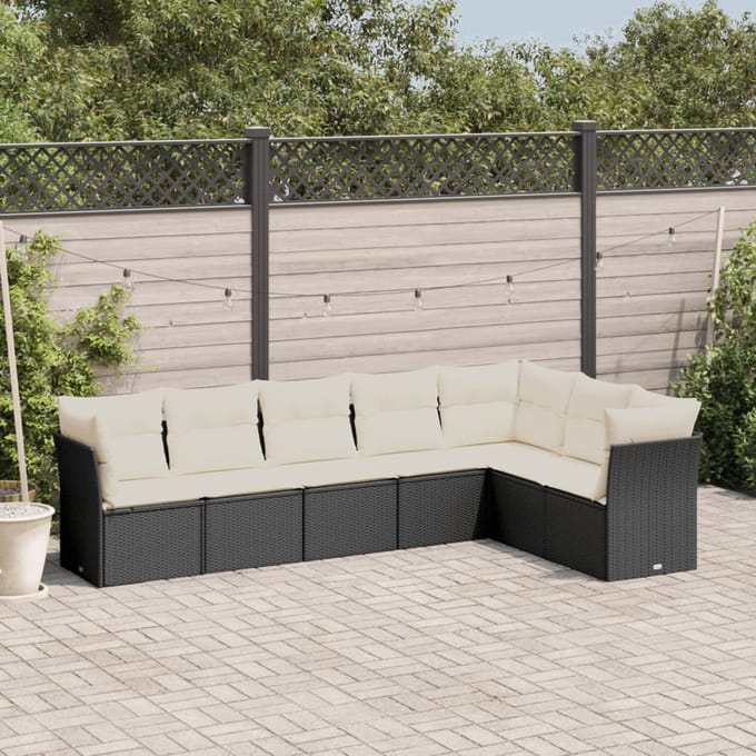 vidaXL - 7-delige - Loungeset - met - kussens - poly - rattan - zwart