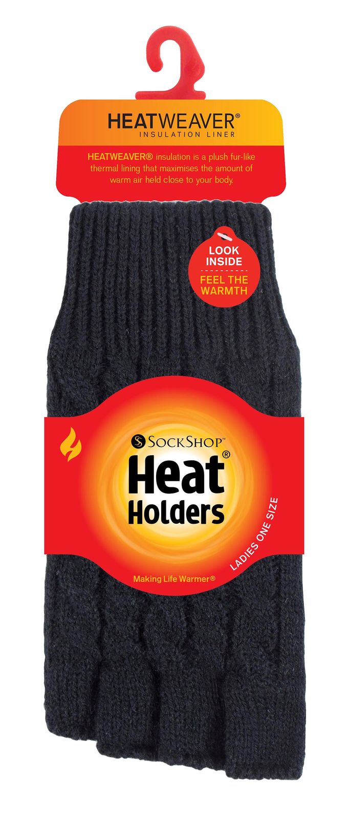 Heat Holders - Kabelgebreide dameshandschoen zonder vingers - Zwart