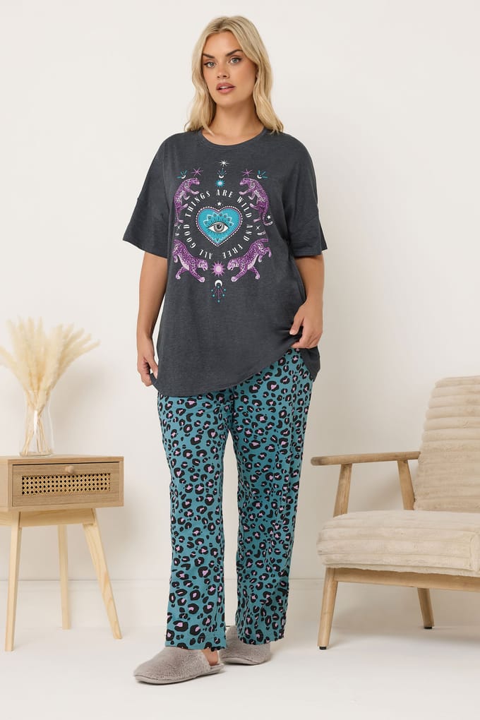 Yours Charcoal Grey Wild And Free Leopard Wide Leg Pyjama Set Size 50-52