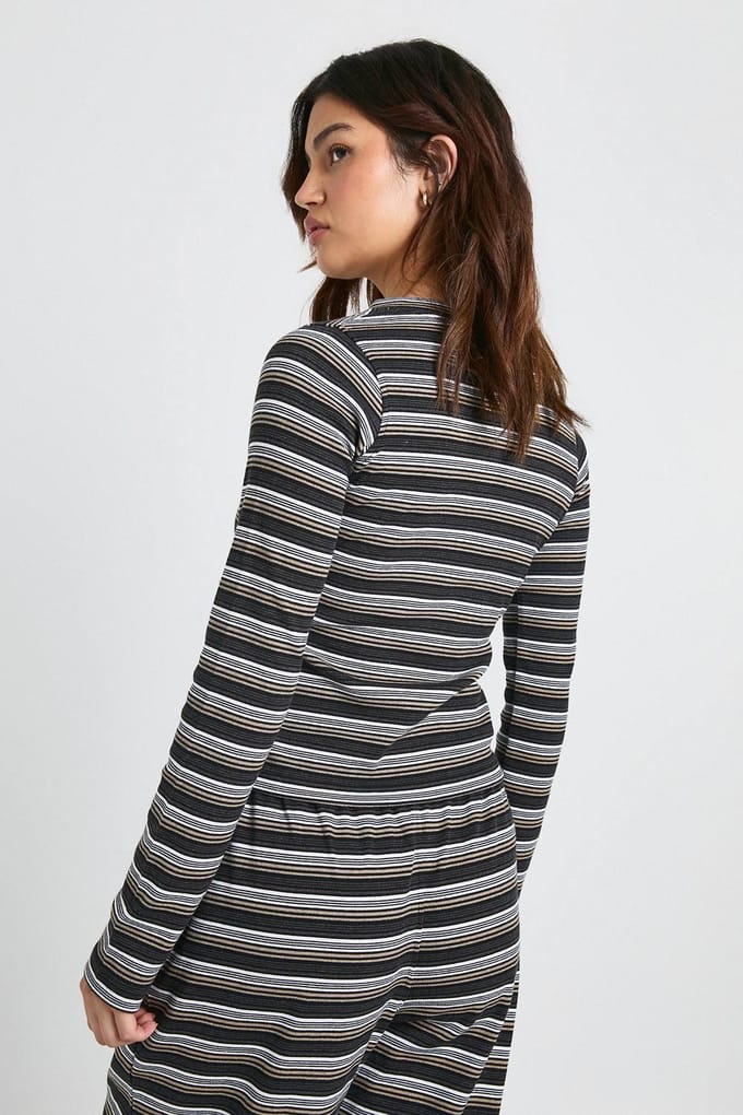boohoo Dames Gestreepte geribbelde top met knoopsluiting en lange mouwen | Zwart | Maat: 42