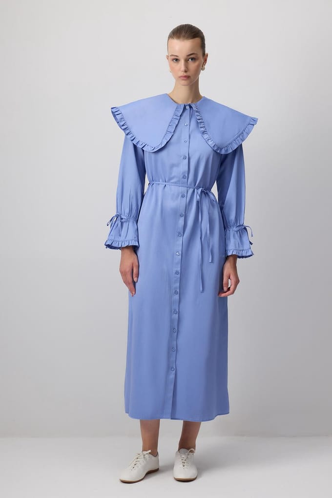 Touché Privé - Blousejurk met ruches en brede kraag - Blauw - Dames