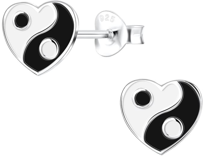 Joy|S - Zilveren hartje oorbellen - zwart wit - yin yang - 8 mm