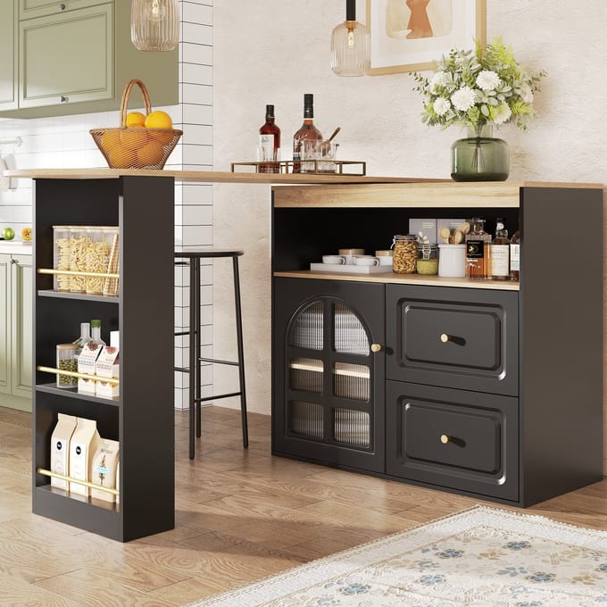 MODFU - Uitschuifbaar Draaibaar Sideboard Met 2 Laden En Glazen Deur - Modern - MDF - Zwart - 138-204 x 39 x 104 cm
