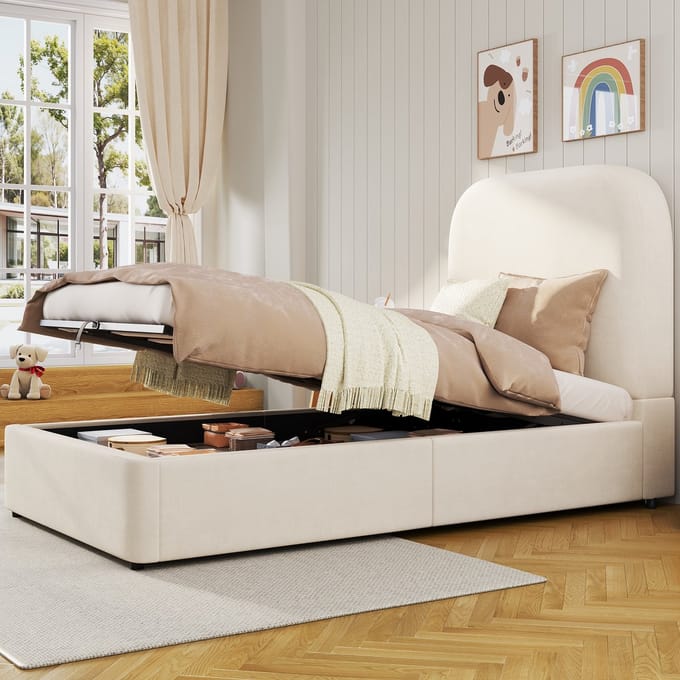 Sweiko Kinderbed - 90 x 200 cm - Hydraulische opbergruimte - Gestoffeerd bed - Velvet - Beige