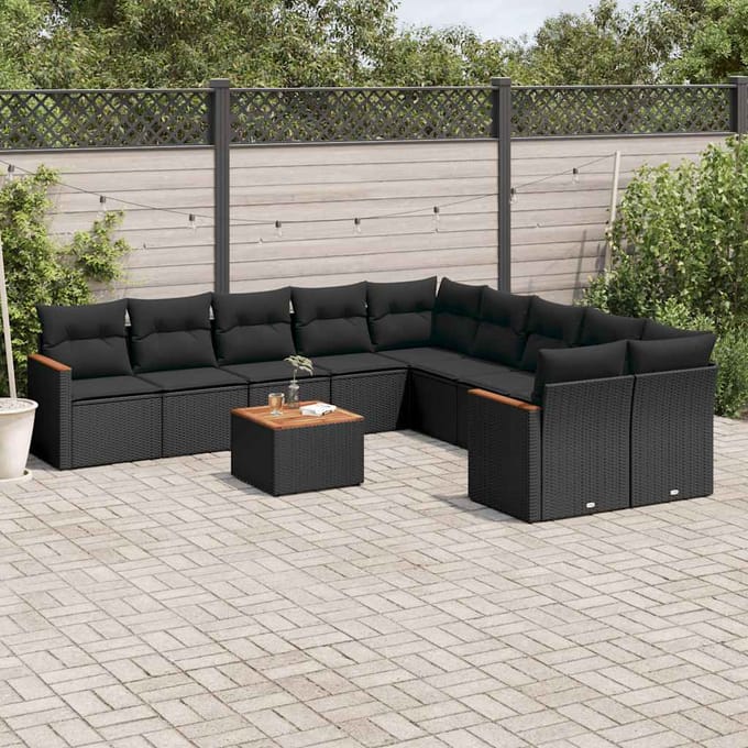 vidaXL - 11-delige - Loungeset - met - kussens - poly - rattan - zwart