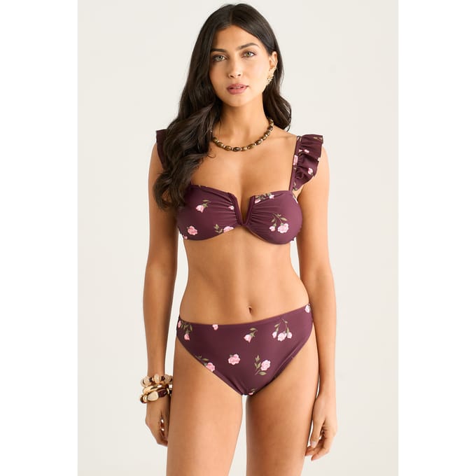 Bikinibroekje met bruine bloemenprint
