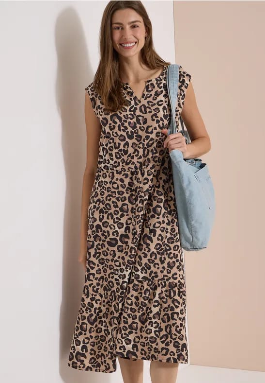 Midi-jurk met split in de hals en luipaardprint