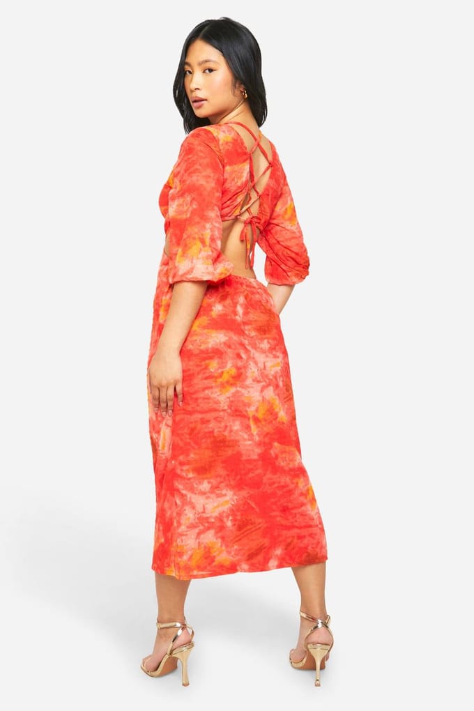 boohoo Dames Petite Bedrukte Chiffon Midaxi-Jurk | Rood | Maat: 36