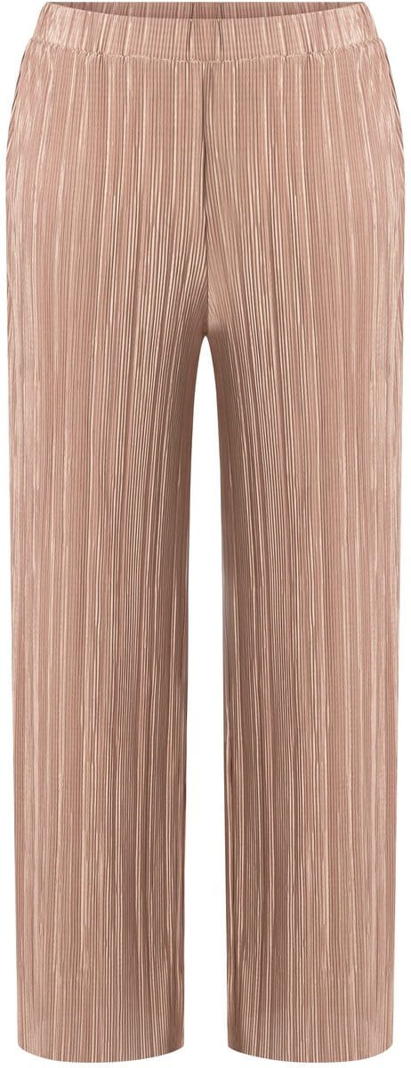 Ulla Popken - Dames - Geplooide broek wijde pijpen hoge taille elastische band - Lichtbruin - Maat 42+