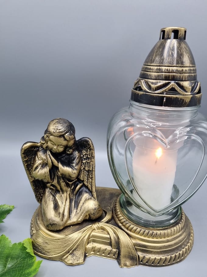 Herdenkingslicht - Engel - Goud - Hart - P39g - Grafkaars - Graflicht - Graflantaarn - Grafdecoratie - Windlicht