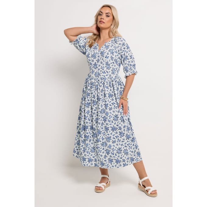 Yours Witte Maxijurk Met Bloemenprint, Polka Dots En Notch Neck Size 46