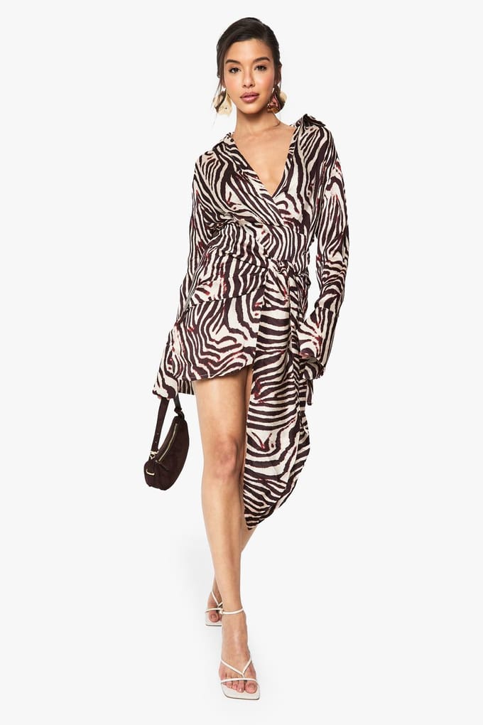 boohoo Dames Zebra Satijn Wrap Rok Blouse Jurk | Brown | Maat: 8