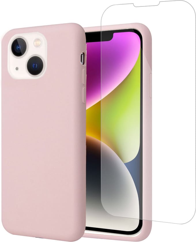 Hoesje geschikt voor iPhone 14 Plus + Screenprotector – Tempered Glass - Liquid Back Case Cover Rose