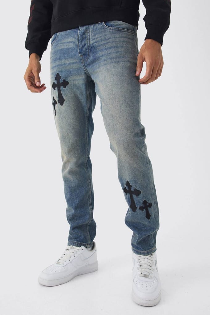 Slim Rigid Cross Geborduurde Jeans | Antique Blue | Size 28R