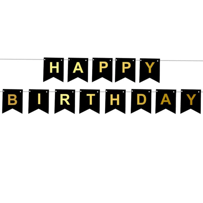 Happy Birthday Vlaggen - Zwart - 190cm