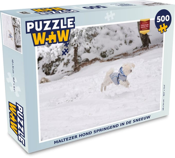 Puzzel Maltezer hond springend in de sneeuw - Legpuzzel - Puzzel 500 stukjes