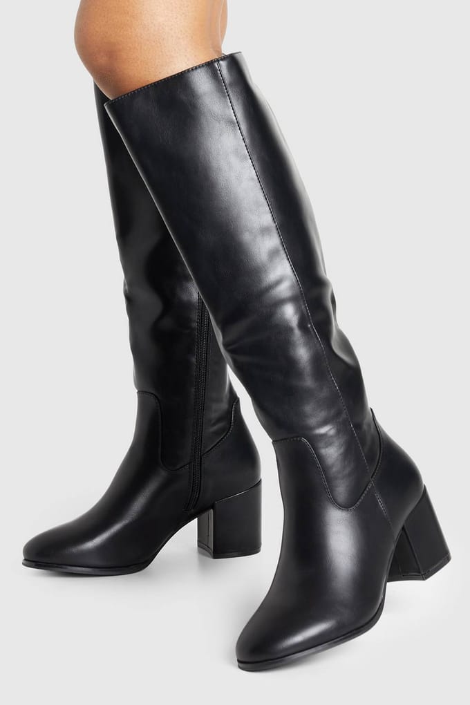 boohoo Dames Brede pasvorm lage block basic instapkniehoge laarzen | Zwart | Maat: 37