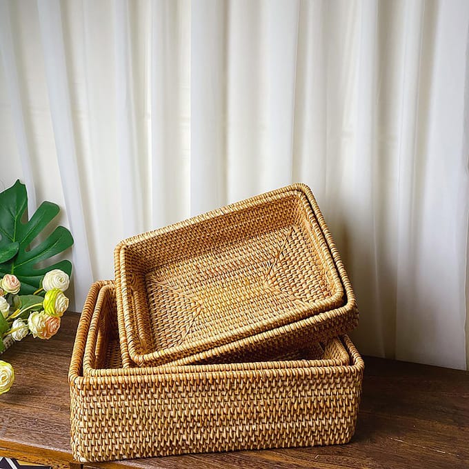 Panier de rangement en rotin, organisateur utilitaire de bureau, panier de rangement tissé pour table basse brown