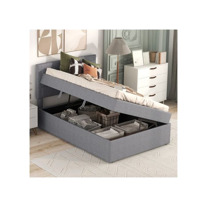 Gestoffeerd bed - MUVOE - 90 x 200 cm - Grijs - Grote opbergruimte - Zonder matras grijs