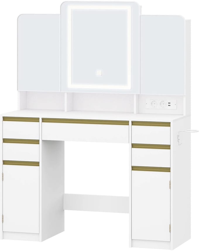 Dressing Table – Voor Slaapkamer en Make-up – Kaptafel met Drie Spiegel, Lade- en Opbergvakken – Wit / Modern