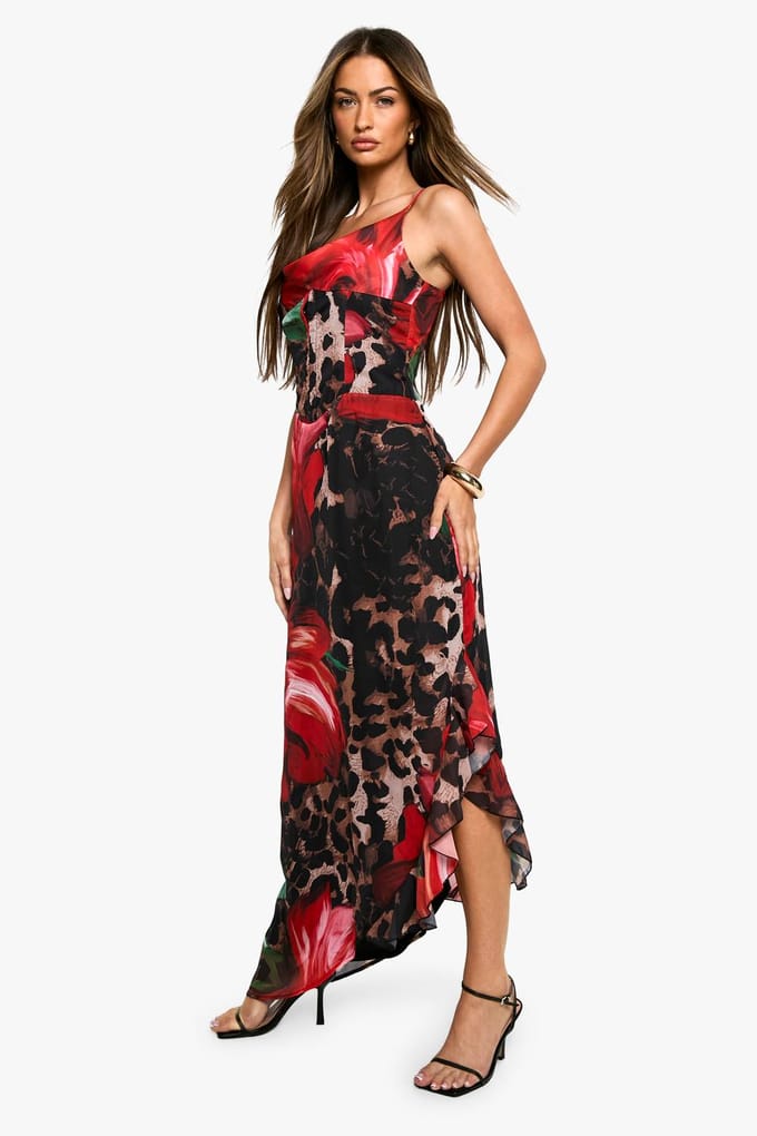 boohoo Dames Leopard Floral Mix Chiffon Corset Maxi Dress | Maat: 8