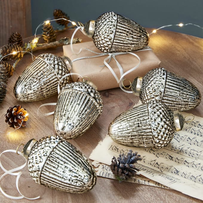 LOBERON Kerstversiering set van 6 Gland antiekzilverkleurig