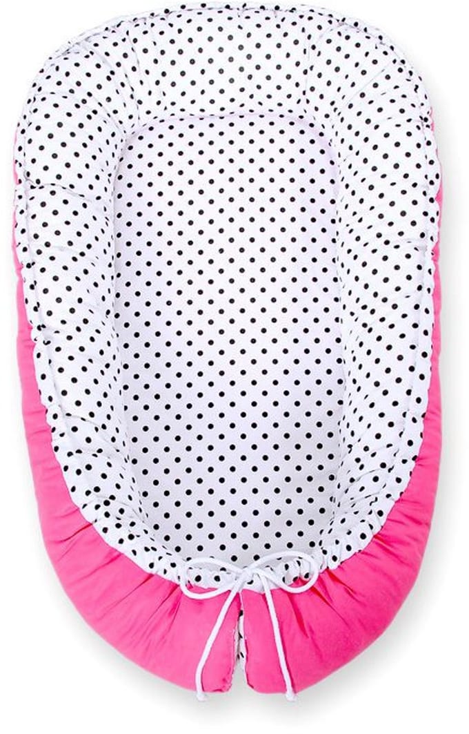 Babynest dubbelzijdig Premium Cocoon voor baby's BOBONO- zwarte stippen/ donkerroze