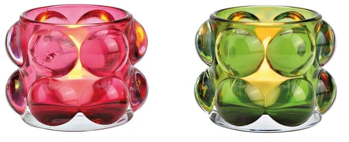 2 glazen waxinelichtjes bubble groen, roze 2-voudig, (B/H/D) 8x6x8cm