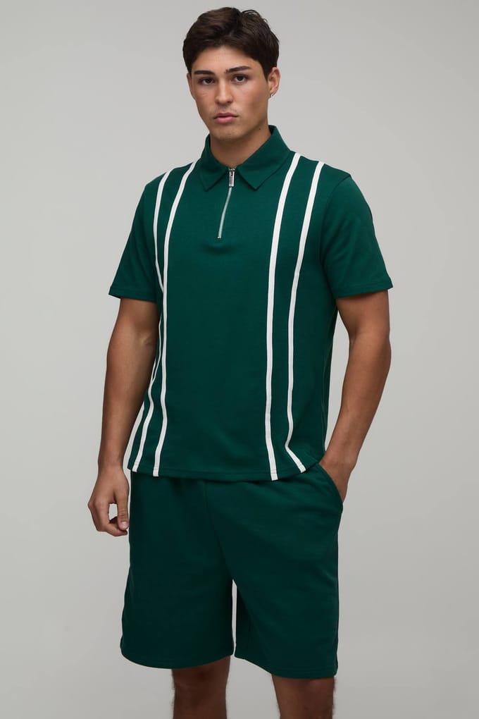 Regular Fit Polo & Jersey Short Set Met Rits En Strepen | Forest | Size Medium