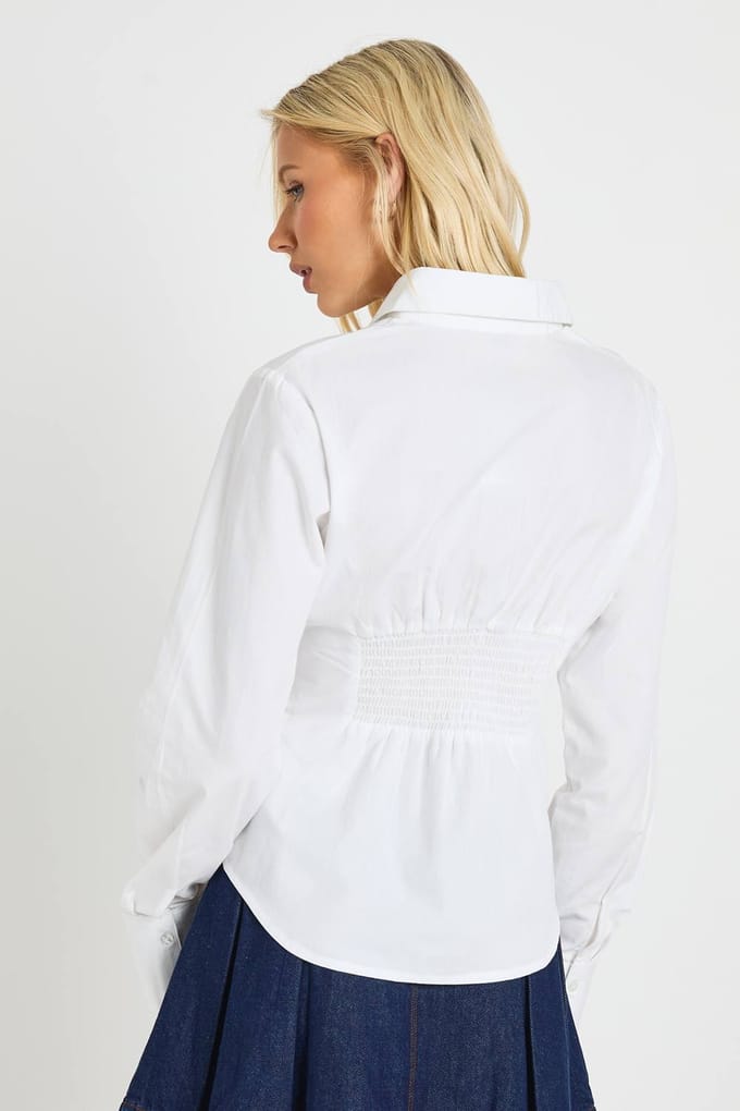 boohoo Dames Katoenen popeline, ingesnoerd aansluitend shirt | White | Maat: 14