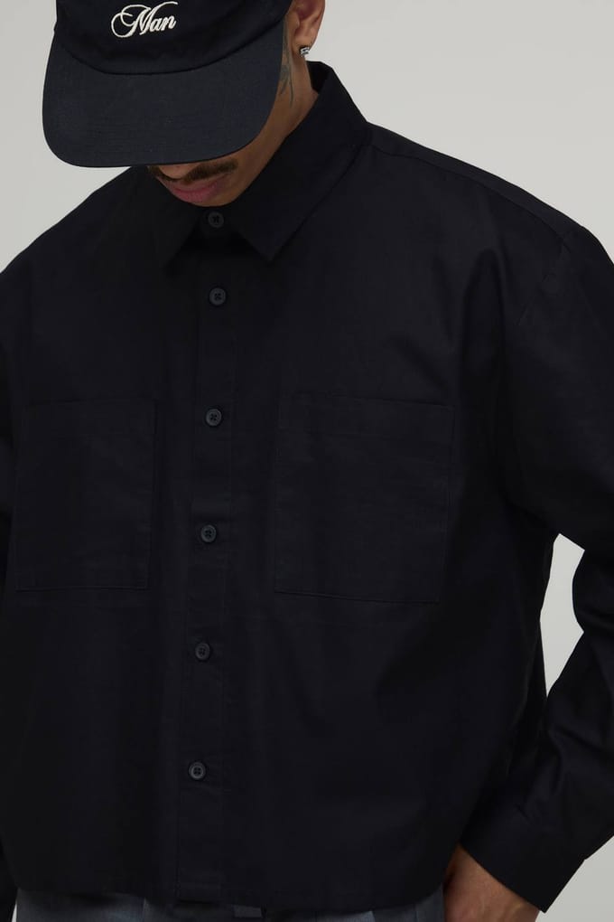 Boxy Fit Cropped Lange Mouw Oxford Shirt | Black | Size Medium