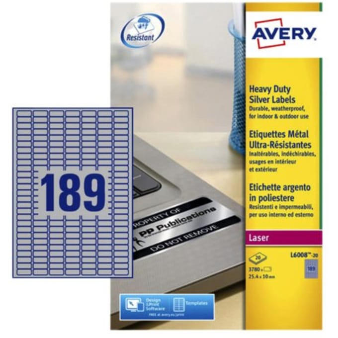 Etiket avery l6008-20 25.4x10mm zilver 3780 Etiketten