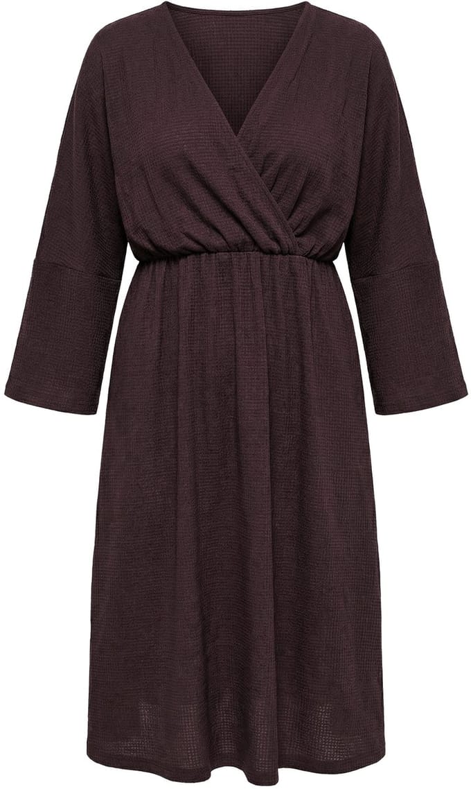 Ulla Popken - Dames - Jurk wikkellook A-lijn V-hals 3/4-mouwen - Mahonie - Maat 42+