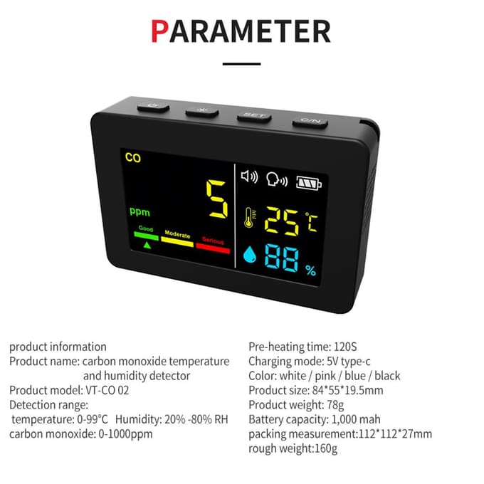 Draagbare Luchtkwaliteitsmeter 3in1 CO Temperatuur- en Vochtigheidsmeter Kleurenscherm Koolmonoxide zwart