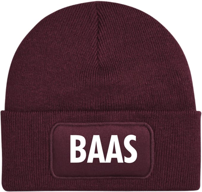 Baas wintermuts Burgundy | wit - soBAD. | Unisex | Skimuts | Muts | Kou | met grappige tekst | Winter | Beanie | Bordeaux rood