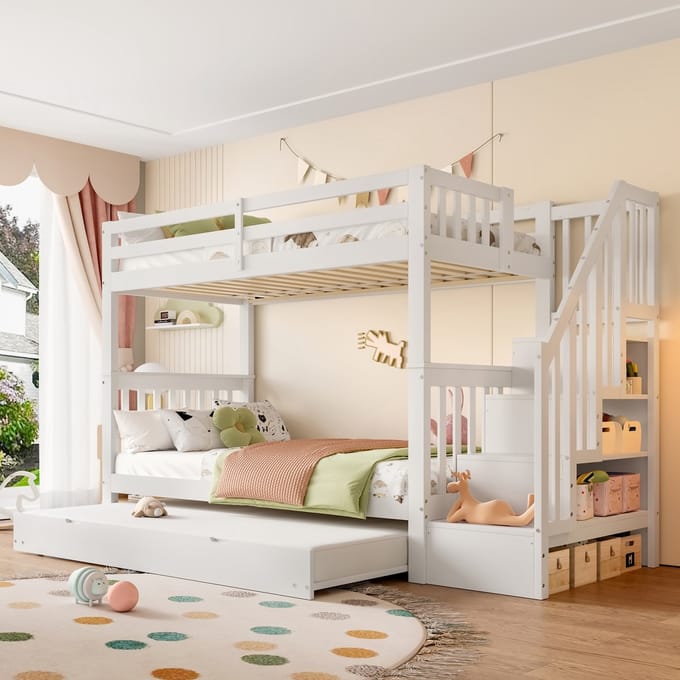 Stapelbed - 90x200 cm - Met Opbergtrap En Uitschuifbed - Hoog Hekwerk - Hout - Wit