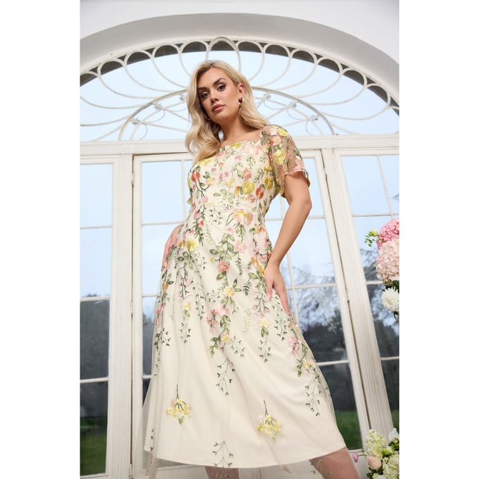 Yours London Gele Maxijurk Met Geborduurde Bloemen Size 46