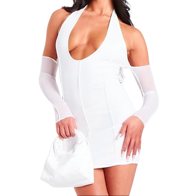 Missy Empire Mini-jurk voor dames met halterhals en mouwen van mesh (Ivoor)
