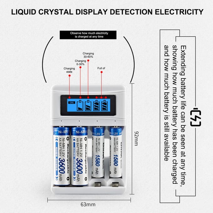 4-Slot Batterijlader met LCD-scherm voor AA AAA Ni-MH Oplaadbare Batterijen Slim Oplaadbaar wit