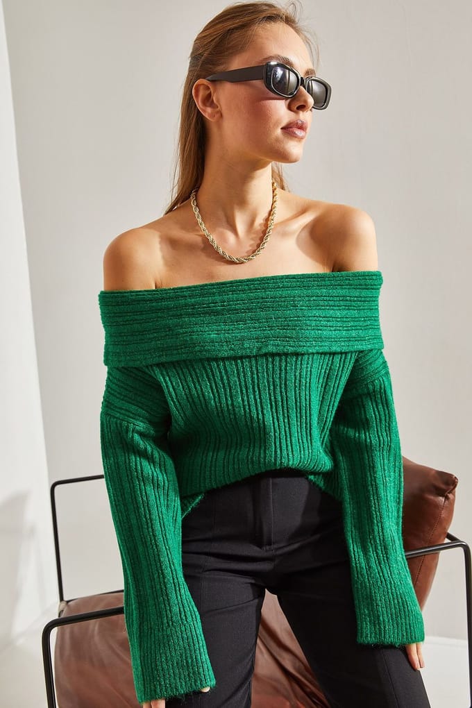 Off Shoulder Geribbelde Gebreide Trui
