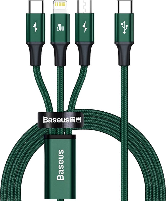 Baseus - Rapid - 3in1 kabel USB Type C - USB Type C / Lightning / micro USB - 20 - W - 1,5 - m - groen - (CAMLT-SC06)