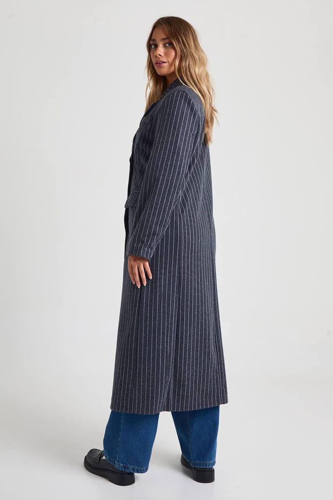 boohoo Dames Wollook Pinstripe Oversized Maxi Jas | Navy | Maat: 10