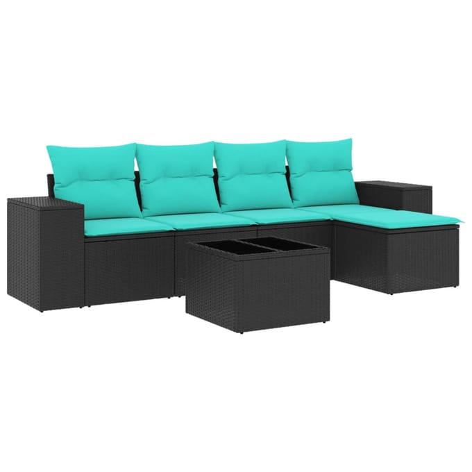 vidaXL - 6-delige - tuinbankset - met - kussens - van - zwart - polyrotan