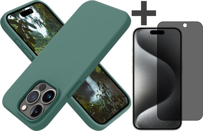 Hoesje met Privacy Screenprotector Geschikt voor iPhone 15 Pro Max Hoesje Siliconen - liquid case - Arara Backcover - Groen