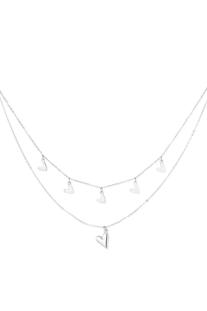 Double heart necklace - silver - layered necklace- kettinkje